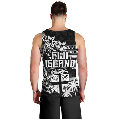 Fiji Islands Men Tank Top Coat of Arms Fijian Flower Polynesian Pattern Black
