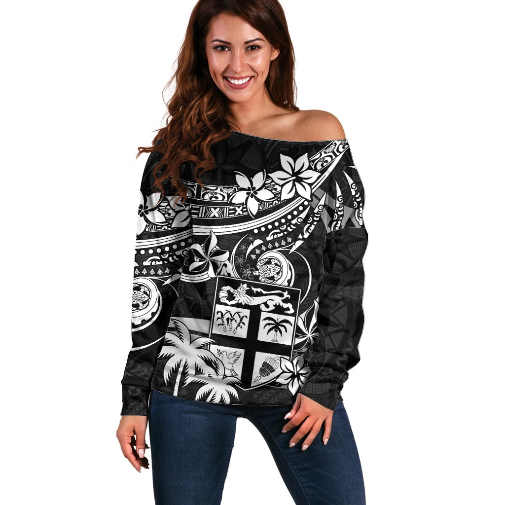 Fiji Islands Off Shoulder Sweater Coat of Arms Fijian Flower Polynesian Pattern Black
