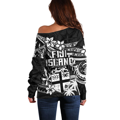 Fiji Islands Off Shoulder Sweater Coat of Arms Fijian Flower Polynesian Pattern Black
