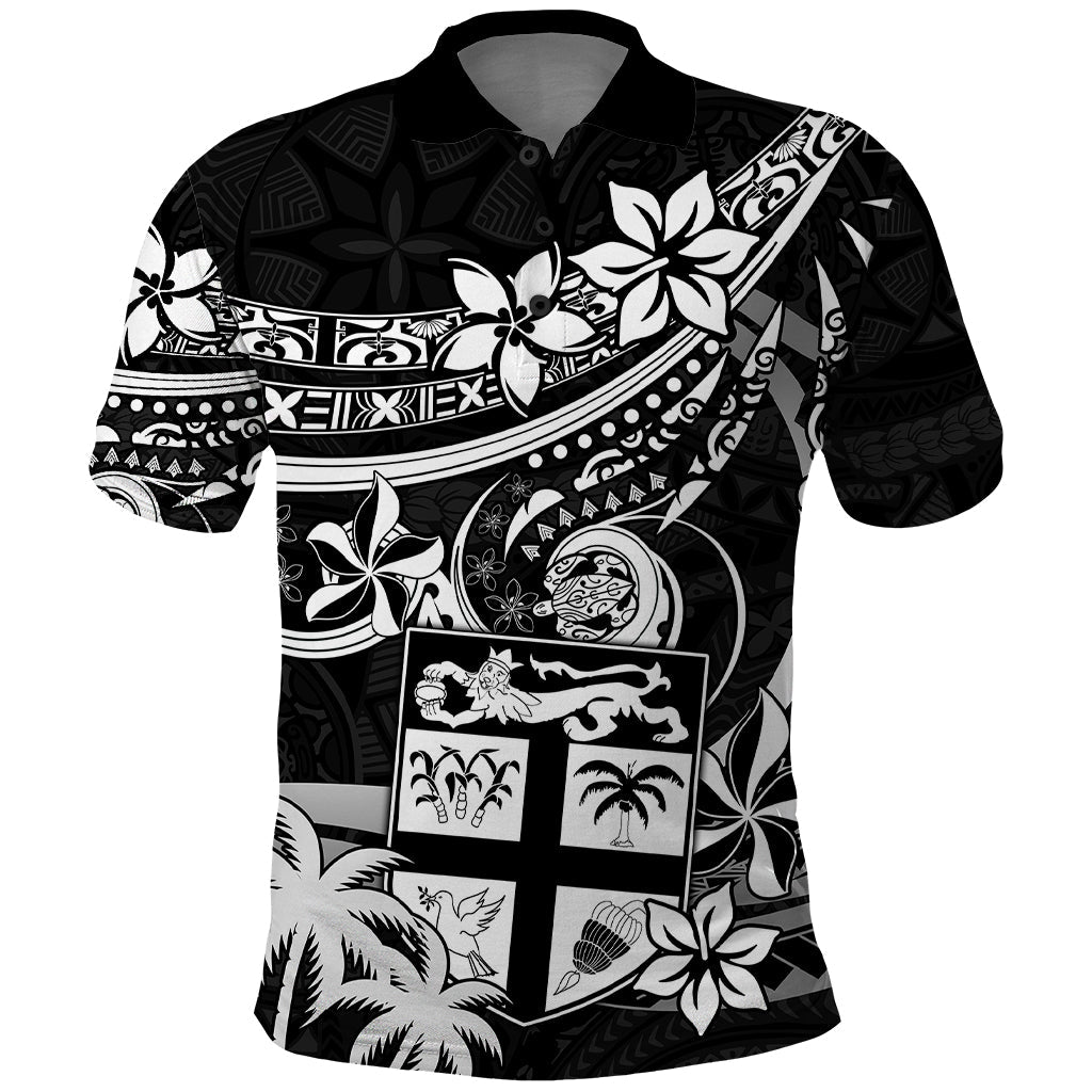 Fiji Islands Polo Shirt Coat of Arms Fijian Flower Polynesian Pattern - Black