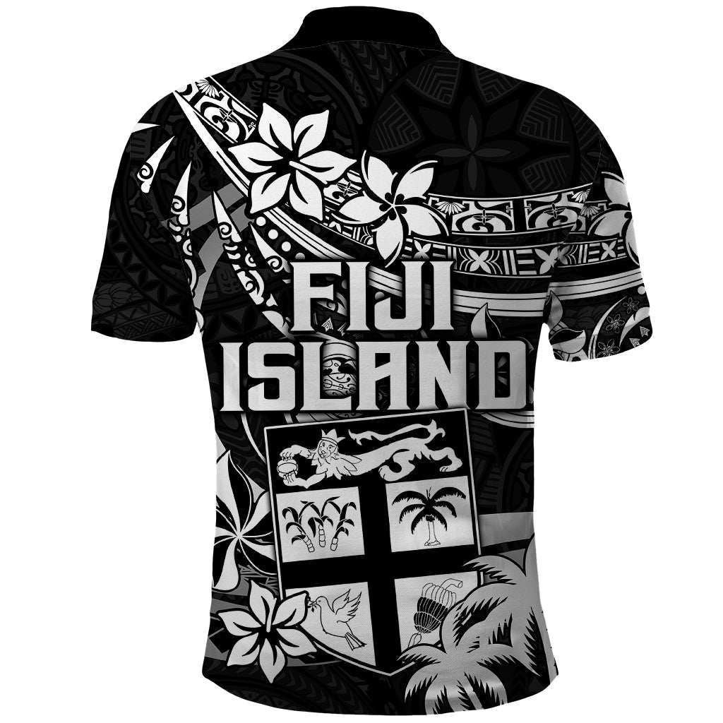 Fiji Islands Polo Shirt Coat of Arms Fijian Flower Polynesian Pattern - Black
