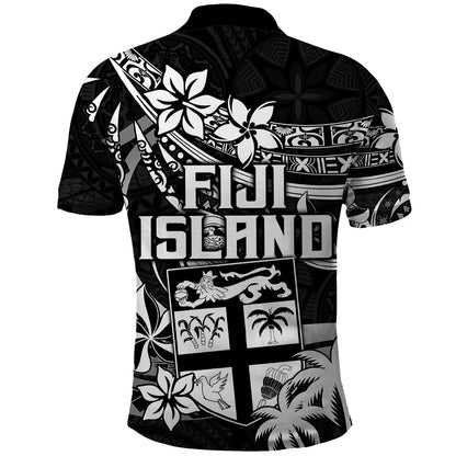 Fiji Islands Polo Shirt Coat of Arms Fijian Flower Polynesian Pattern - Black