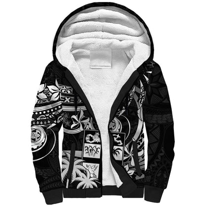 Fiji Islands Sherpa Hoodie Coat of Arms Fijian Flower Polynesian Pattern Black