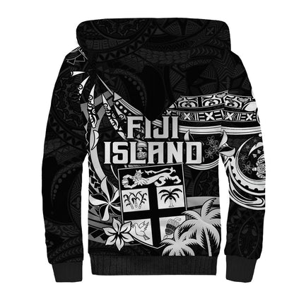 Fiji Islands Sherpa Hoodie Coat of Arms Fijian Flower Polynesian Pattern Black