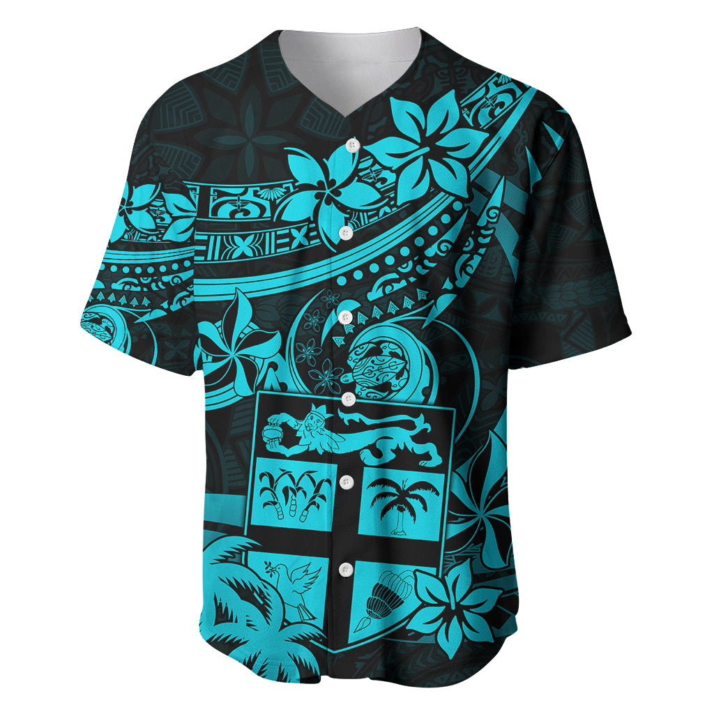 Fiji Islands Baseball Jersey Coat of Arms Fijian Flower Polynesian Pattern Aqua