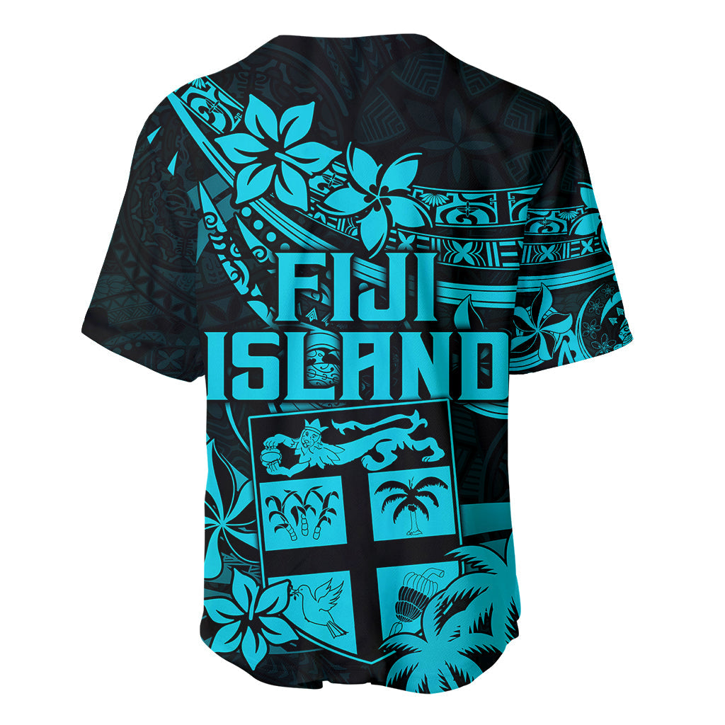 Fiji Islands Baseball Jersey Coat of Arms Fijian Flower Polynesian Pattern Aqua