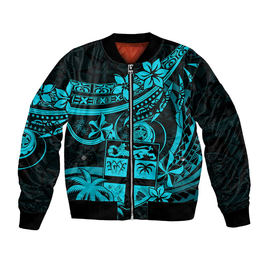 Fiji Islands Bomber Jacket Coat of Arms Fijian Flower Polynesian Pattern Aqua