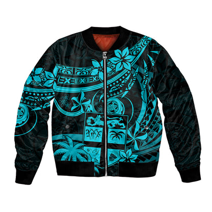 Fiji Islands Bomber Jacket Coat of Arms Fijian Flower Polynesian Pattern Aqua