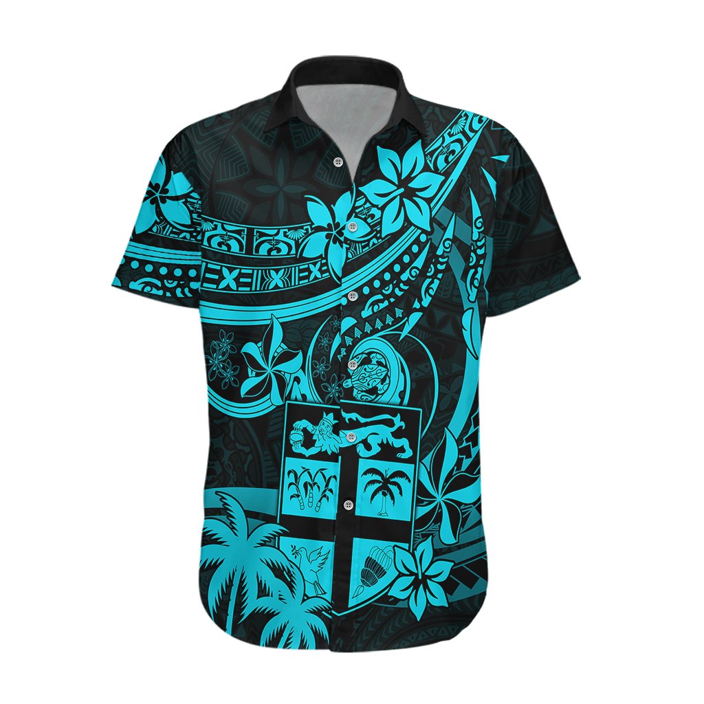 Fiji Islands Hawaiian Shirt Coat of Arms Fijian Flower Polynesian Pattern - Aqua