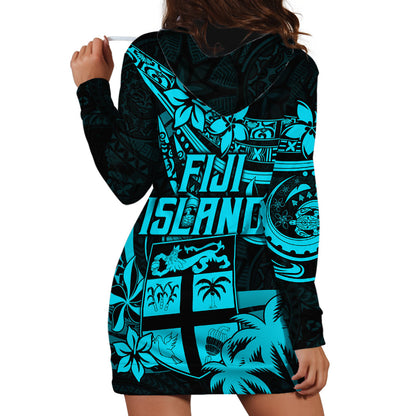 Fiji Islands Hoodie Dress Coat of Arms Fijian Flower Polynesian Pattern Aqua
