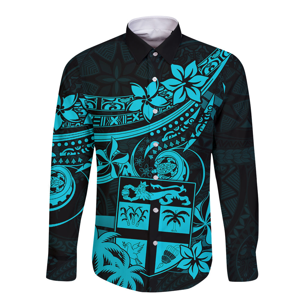 Fiji Islands Long Sleeve Button Shirt Coat of Arms Fijian Flower Polynesian Pattern Aqua
