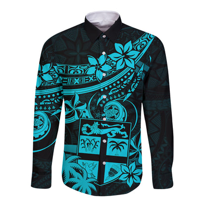 Fiji Islands Long Sleeve Button Shirt Coat of Arms Fijian Flower Polynesian Pattern Aqua