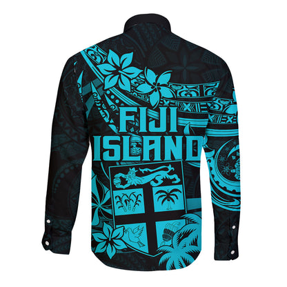 Fiji Islands Long Sleeve Button Shirt Coat of Arms Fijian Flower Polynesian Pattern Aqua