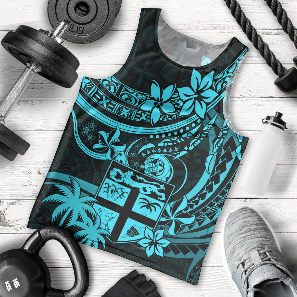 Fiji Islands Men Tank Top Coat of Arms Fijian Flower Polynesian Pattern Aqua
