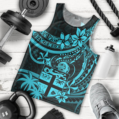 Fiji Islands Men Tank Top Coat of Arms Fijian Flower Polynesian Pattern Aqua