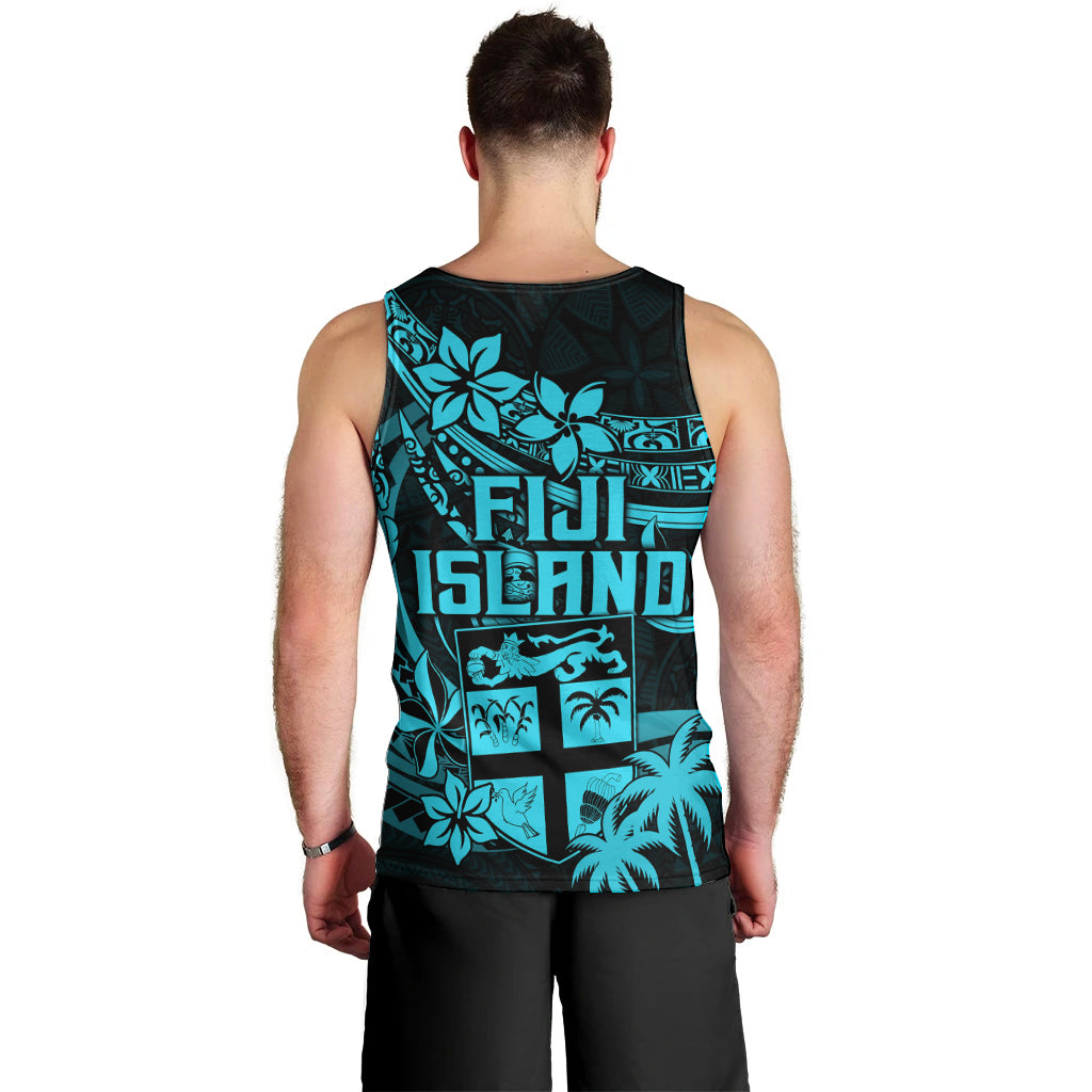 Fiji Islands Men Tank Top Coat of Arms Fijian Flower Polynesian Pattern Aqua
