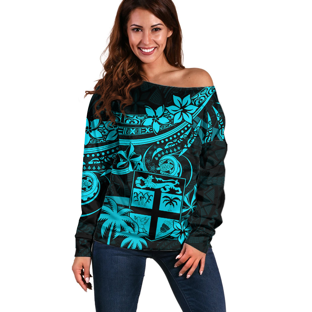Fiji Islands Off Shoulder Sweater Coat of Arms Fijian Flower Polynesian Pattern Aqua