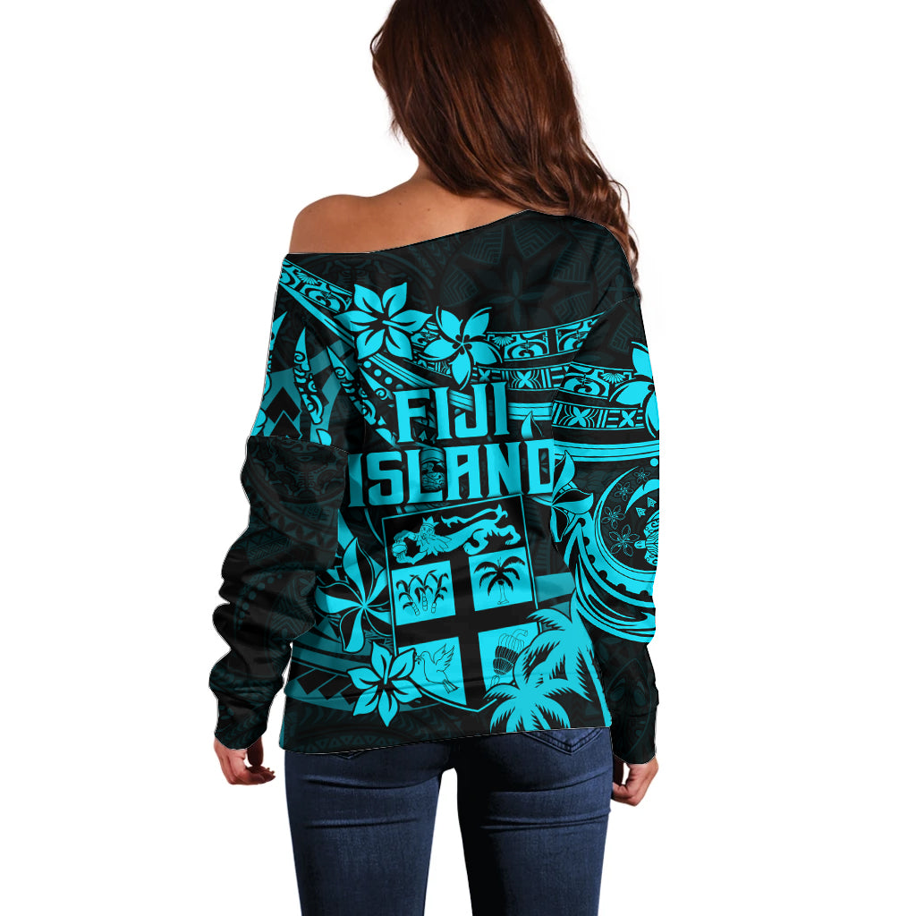 Fiji Islands Off Shoulder Sweater Coat of Arms Fijian Flower Polynesian Pattern Aqua