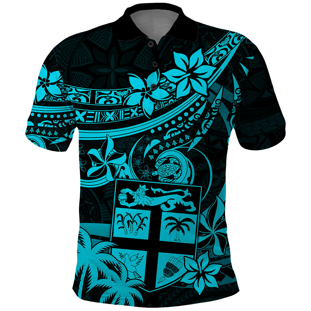Fiji Islands Polo Shirt Coat of Arms Fijian Flower Polynesian Pattern - Aqua