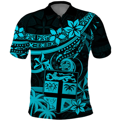 Fiji Islands Polo Shirt Coat of Arms Fijian Flower Polynesian Pattern - Aqua