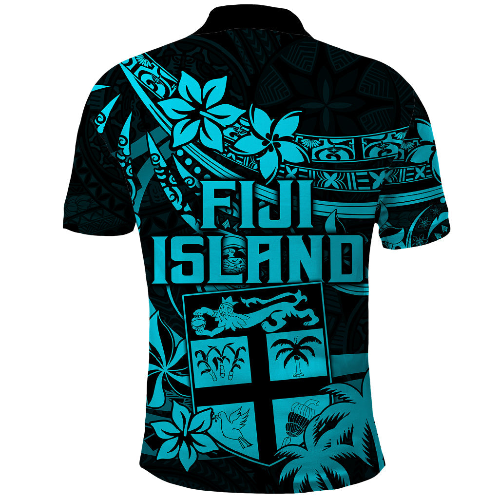 Fiji Islands Polo Shirt Coat of Arms Fijian Flower Polynesian Pattern - Aqua