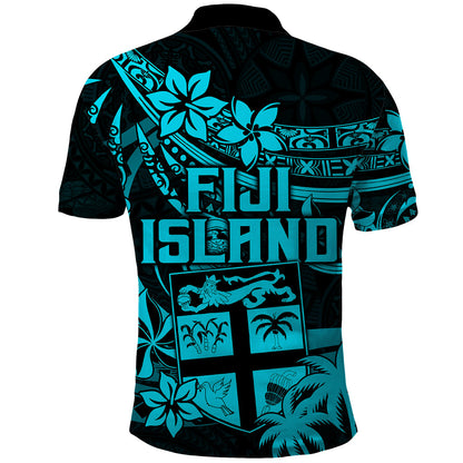 Fiji Islands Polo Shirt Coat of Arms Fijian Flower Polynesian Pattern - Aqua