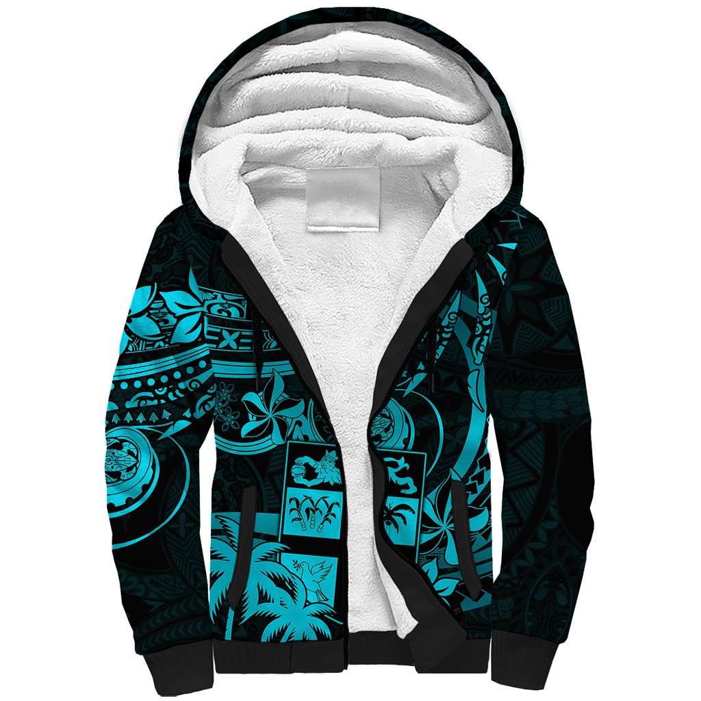 Fiji Islands Sherpa Hoodie Coat of Arms Fijian Flower Polynesian Pattern Aqua