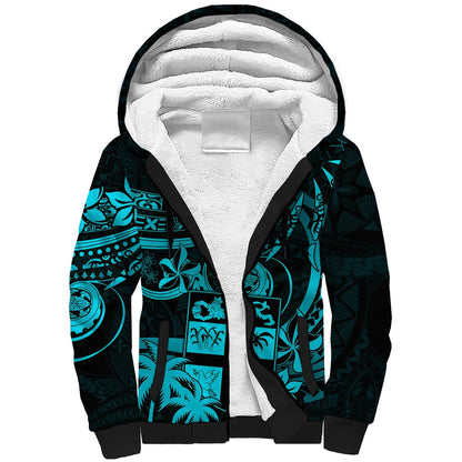 Fiji Islands Sherpa Hoodie Coat of Arms Fijian Flower Polynesian Pattern Aqua