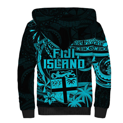 Fiji Islands Sherpa Hoodie Coat of Arms Fijian Flower Polynesian Pattern Aqua