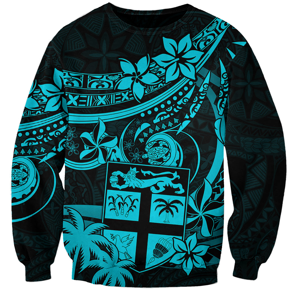 Fiji Islands Sweatshirt Coat of Arms Fijian Flower Polynesian Pattern Aqua