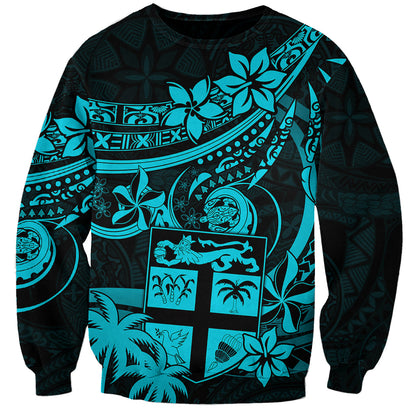 Fiji Islands Sweatshirt Coat of Arms Fijian Flower Polynesian Pattern Aqua