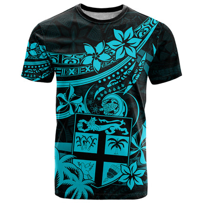 Fiji Islands T Shirt Coat of Arms Fijian Flower Polynesian Pattern Aqua