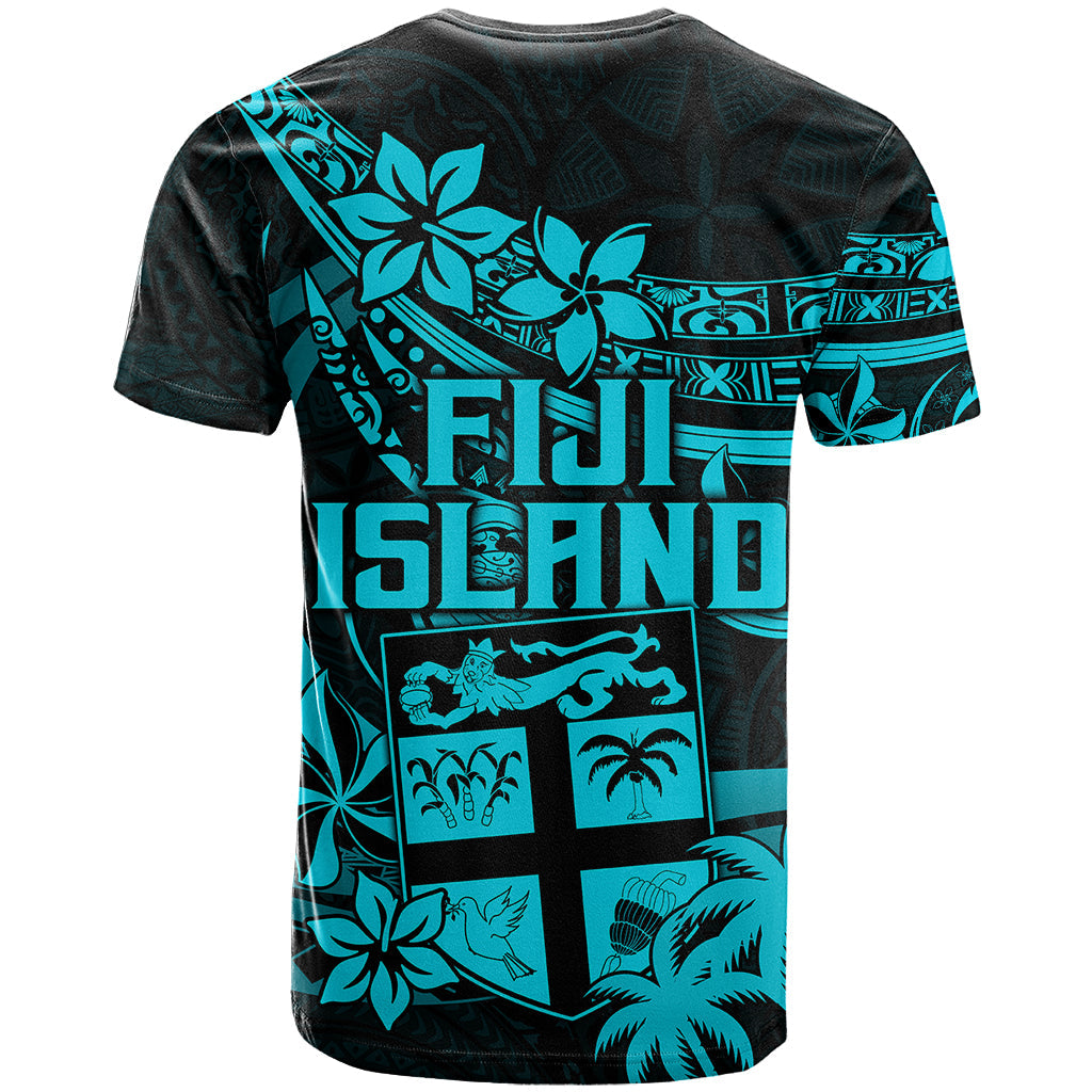 Fiji Islands T Shirt Coat of Arms Fijian Flower Polynesian Pattern Aqua