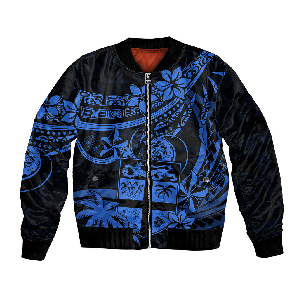 Fiji Islands Bomber Jacket Coat of Arms Fijian Flower Polynesian Pattern Blue