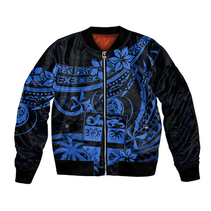 Fiji Islands Bomber Jacket Coat of Arms Fijian Flower Polynesian Pattern Blue
