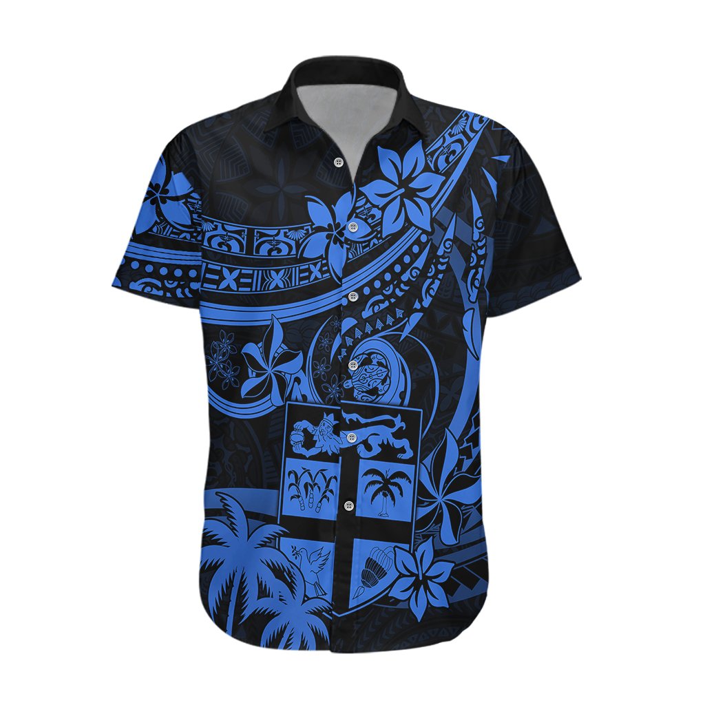 Fiji Islands Hawaiian Shirt Coat of Arms Fijian Flower Polynesian Pattern - Blue
