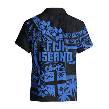 Fiji Islands Hawaiian Shirt Coat of Arms Fijian Flower Polynesian Pattern - Blue