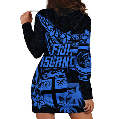 Fiji Islands Hoodie Dress Coat of Arms Fijian Flower Polynesian Pattern Blue