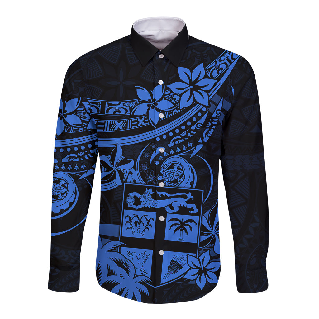 Fiji Islands Long Sleeve Button Shirt Coat of Arms Fijian Flower Polynesian Pattern Blue