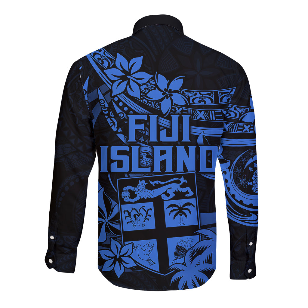 Fiji Islands Long Sleeve Button Shirt Coat of Arms Fijian Flower Polynesian Pattern Blue