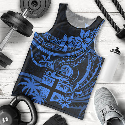 Fiji Islands Men Tank Top Coat of Arms Fijian Flower Polynesian Pattern Blue