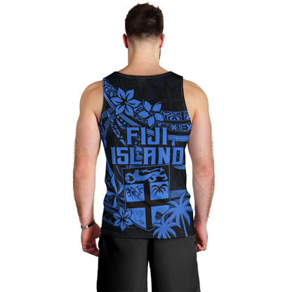 Fiji Islands Men Tank Top Coat of Arms Fijian Flower Polynesian Pattern Blue