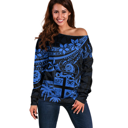 Fiji Islands Off Shoulder Sweater Coat of Arms Fijian Flower Polynesian Pattern Blue