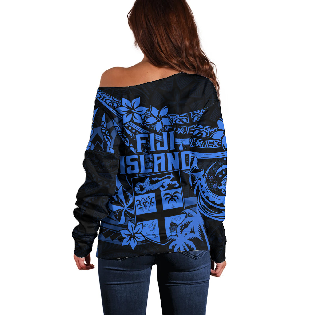 Fiji Islands Off Shoulder Sweater Coat of Arms Fijian Flower Polynesian Pattern Blue
