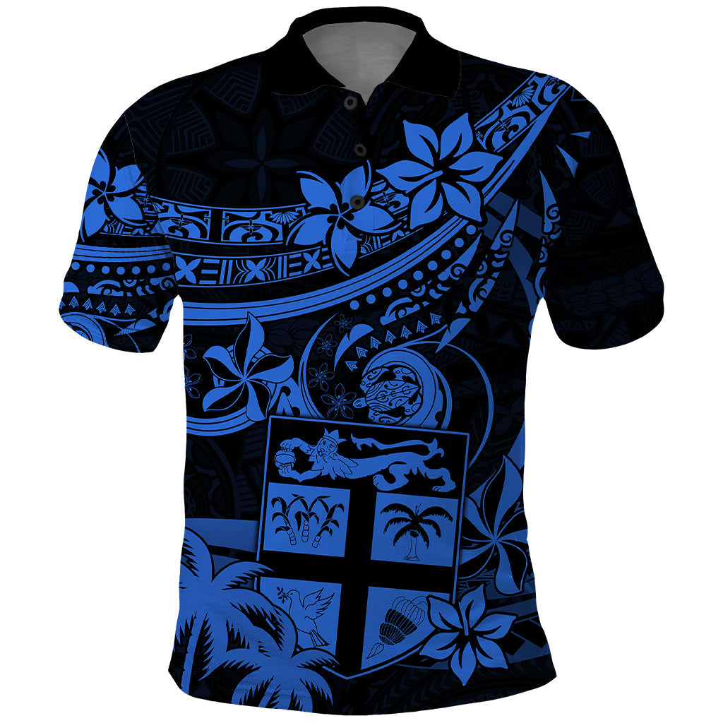 Fiji Islands Polo Shirt Coat of Arms Fijian Flower Polynesian Pattern - Blue