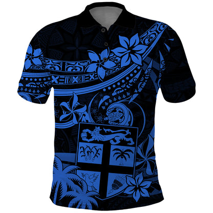 Fiji Islands Polo Shirt Coat of Arms Fijian Flower Polynesian Pattern - Blue