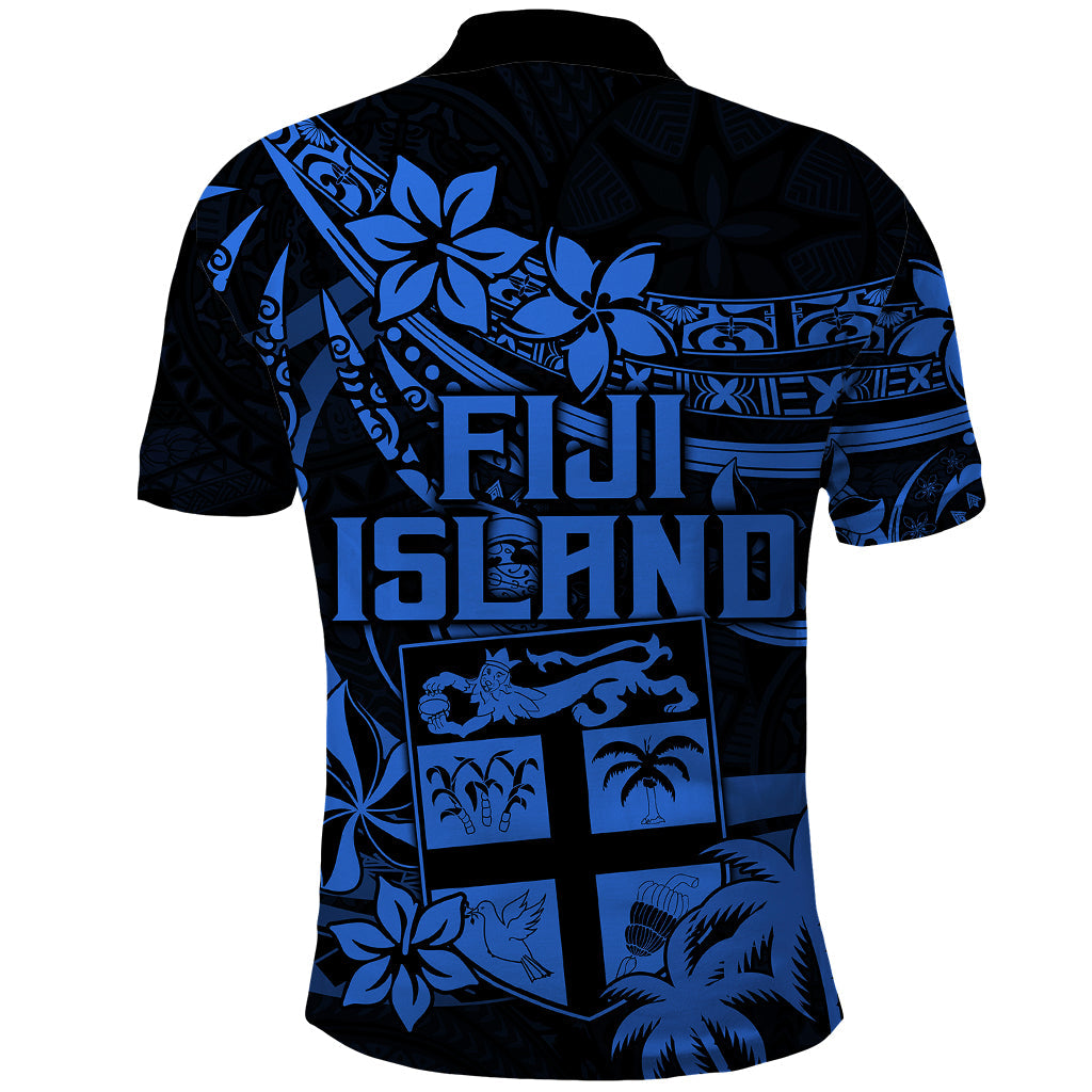 Fiji Islands Polo Shirt Coat of Arms Fijian Flower Polynesian Pattern - Blue