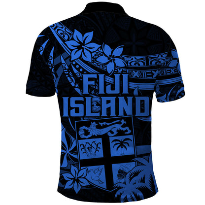 Fiji Islands Polo Shirt Coat of Arms Fijian Flower Polynesian Pattern - Blue