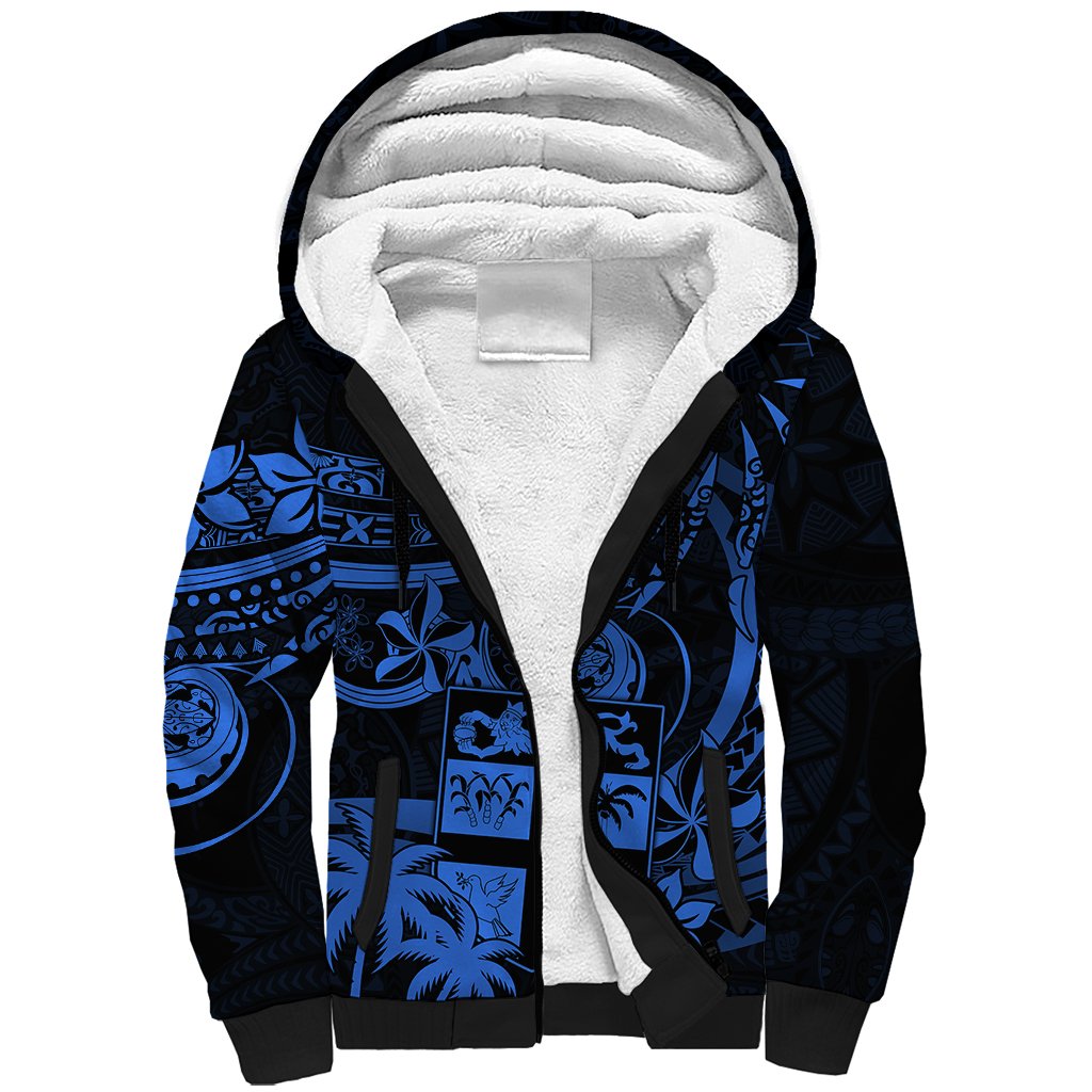 Fiji Islands Sherpa Hoodie Coat of Arms Fijian Flower Polynesian Pattern Blue