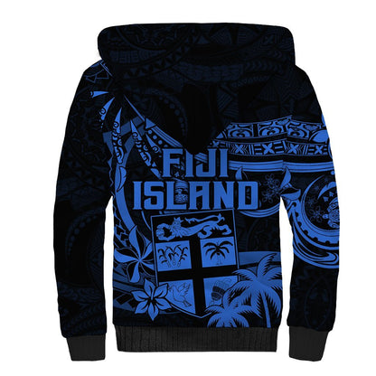 Fiji Islands Sherpa Hoodie Coat of Arms Fijian Flower Polynesian Pattern Blue
